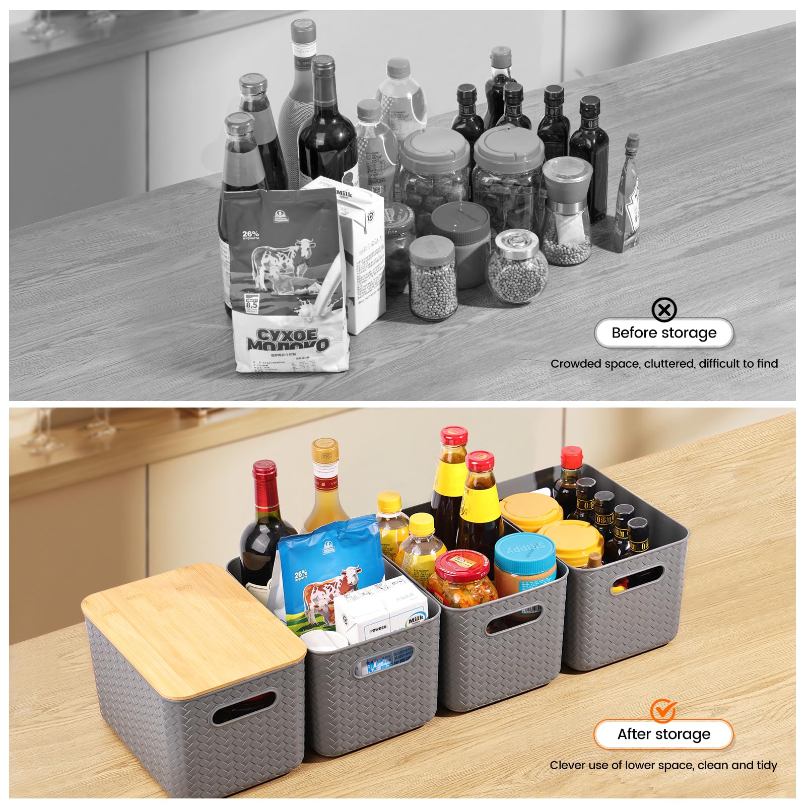 Ohmlove gray bin organized in a closet for versatile storage.