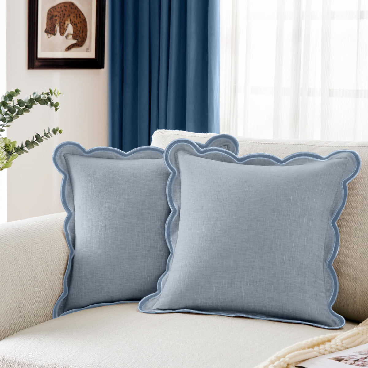Ohocut scalloped pillow cover front view in Misty Blue adds cozy texture to your sofa