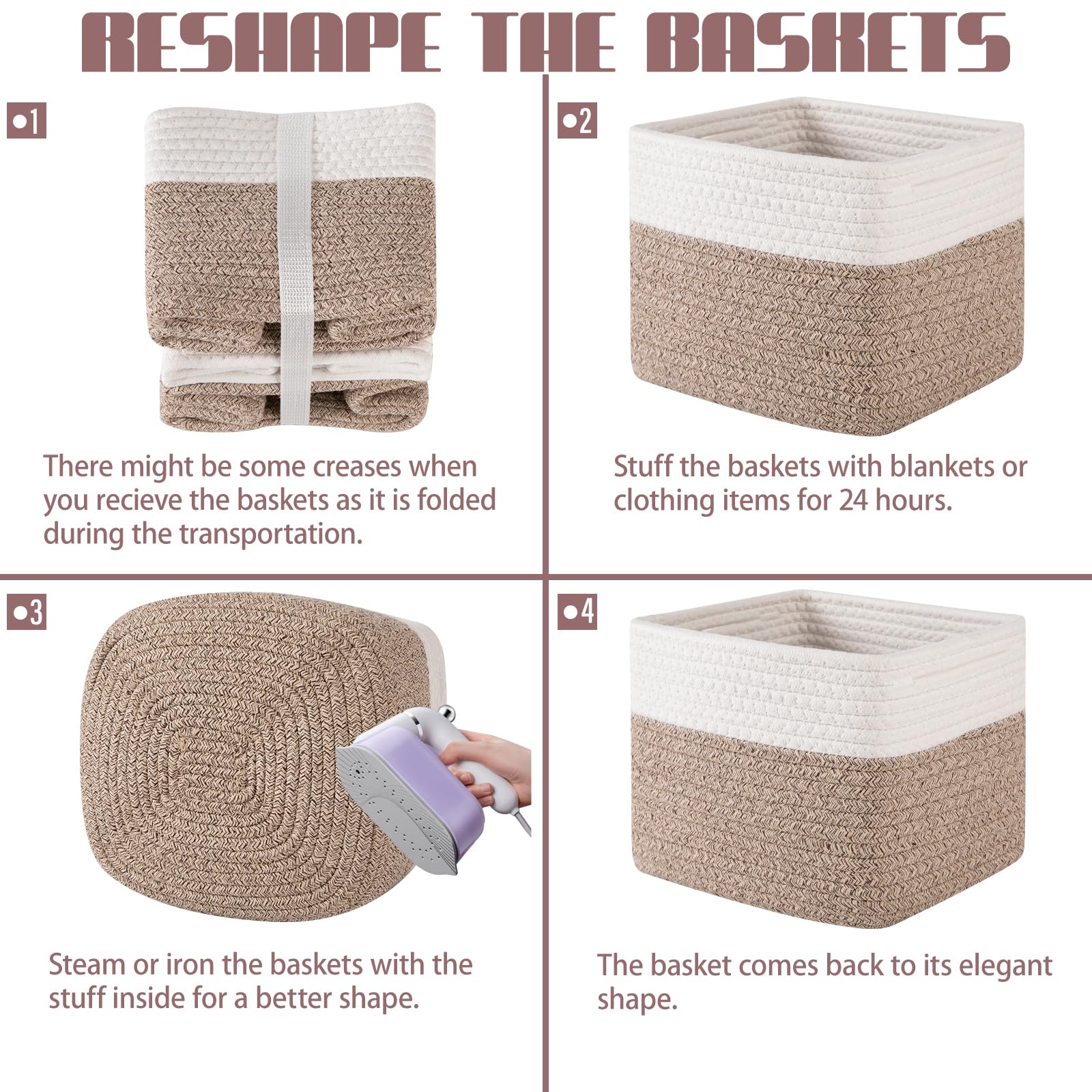 OIAHOMY 3-pack storage bins in brown and white on a clean shelf.