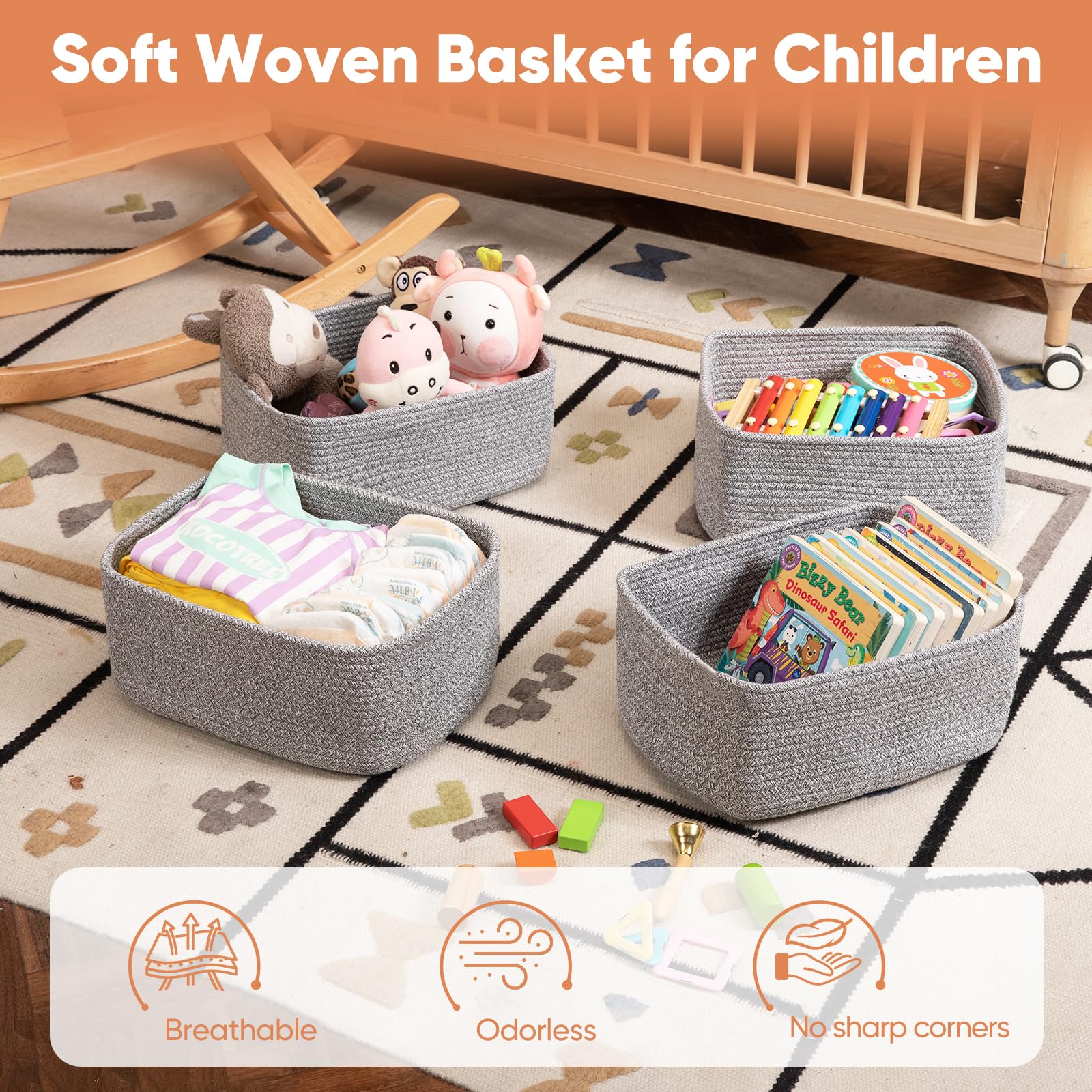 OIAHOMY baskets in living room and nursery for tidy storage and display.