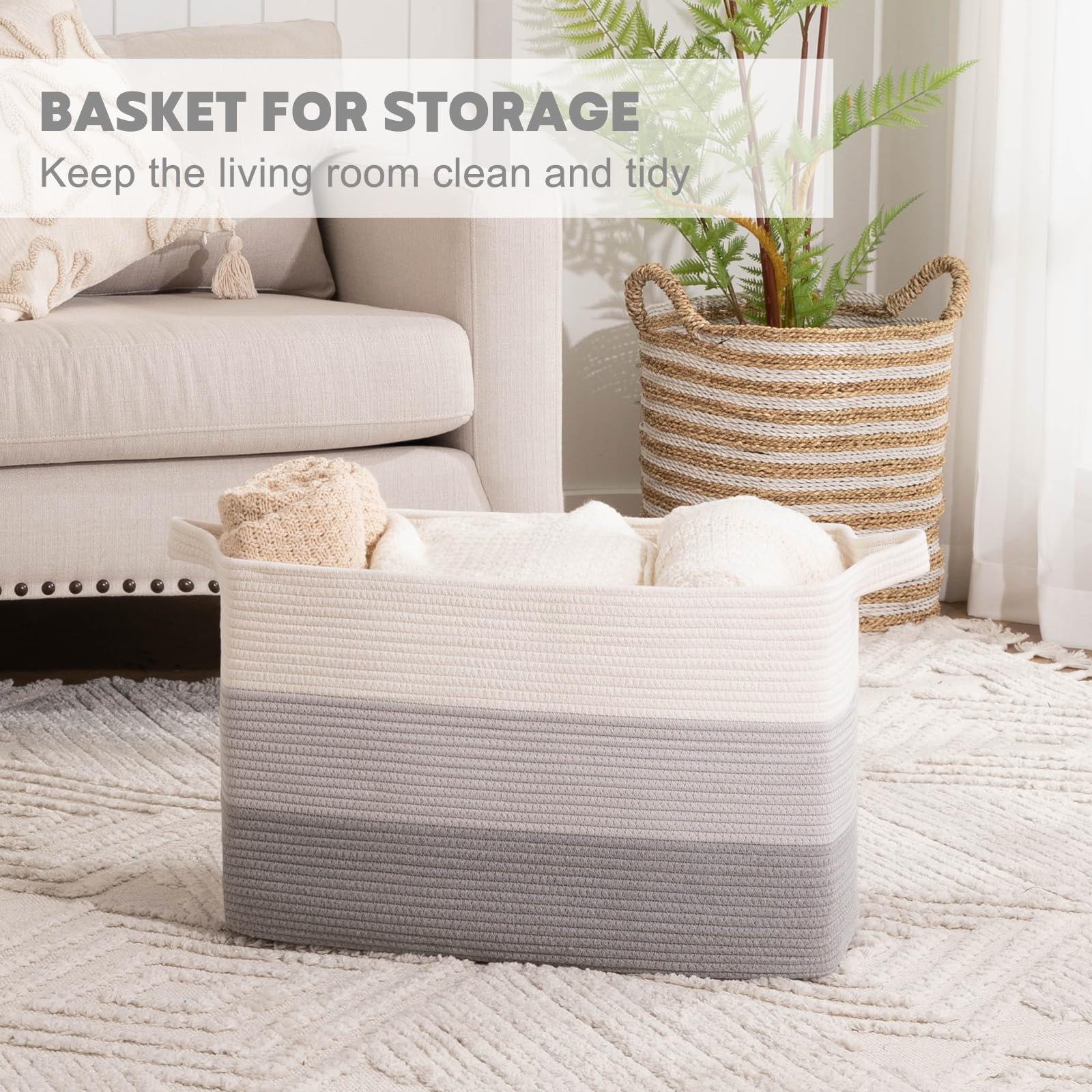 OIAHOMY blanket basket with sturdy handles for easy carrying.