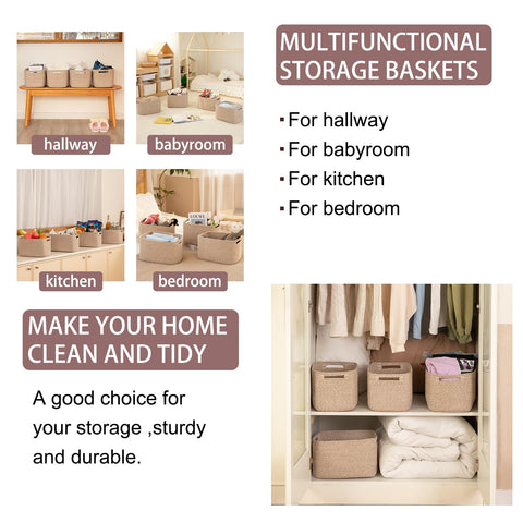 OIAHOMY brown woven baskets on a shelf blend with neutral decor