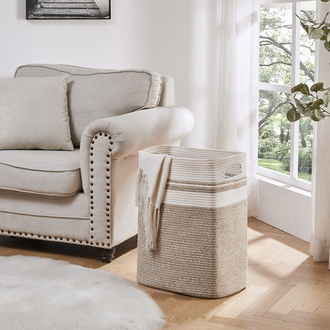 OIAHOMY cotton-rope storage basket with handles, durable for heavy laundry sessions.
