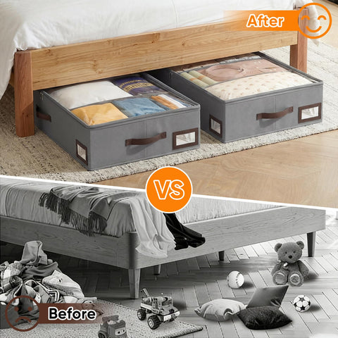 OIAHOMY grey under-bed storage bin blends with bedroom decor.