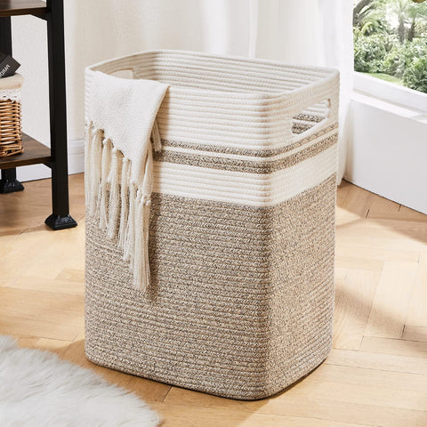 OIAHOMY laundry hamper in yellow variegated cotton rope, ideal for tidy bedroom storage.