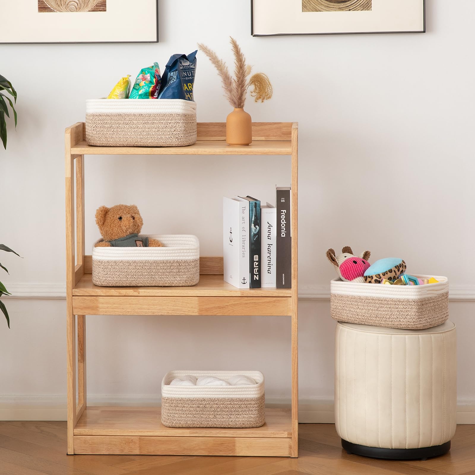 OIAHOMY living room decorative bins complement neutral decor and organization.