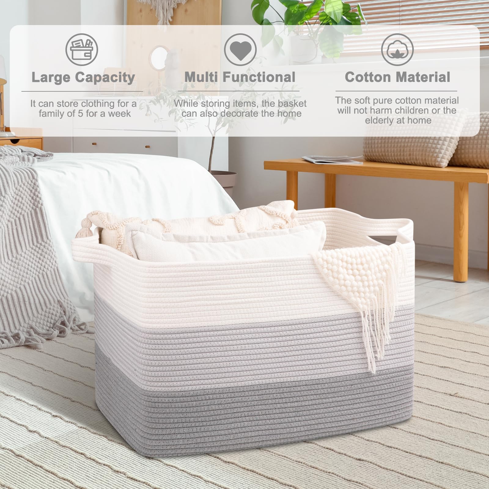 Living room setup featuring OIAHOMY blankets stored in the basket.