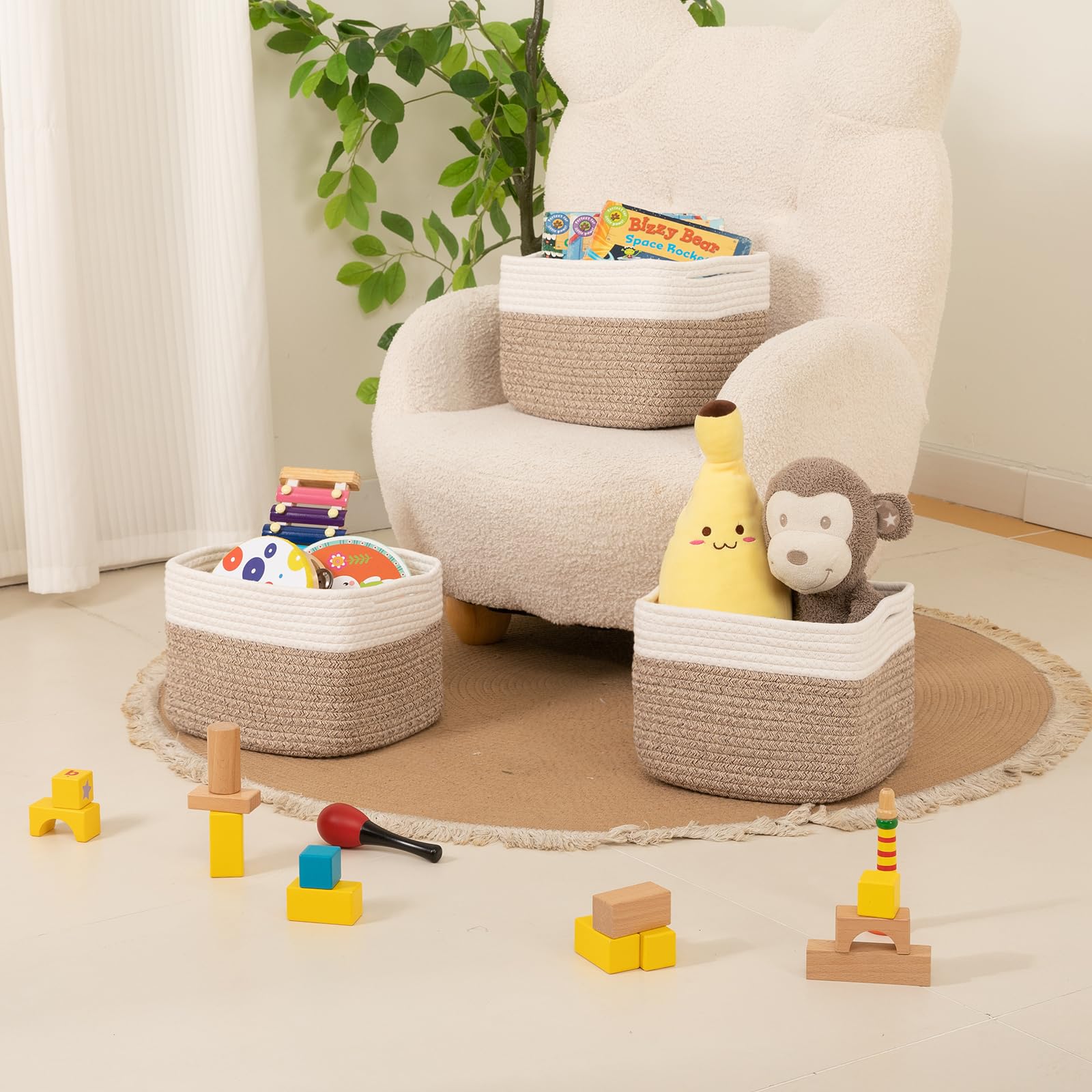 OIAHOMY multipurpose basket used as a nursery toy box on a shelf.