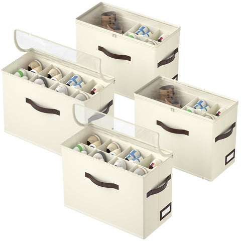 OIAHOMY shoe organizer 4pack beige foldable with clear tops for easy pair visibility