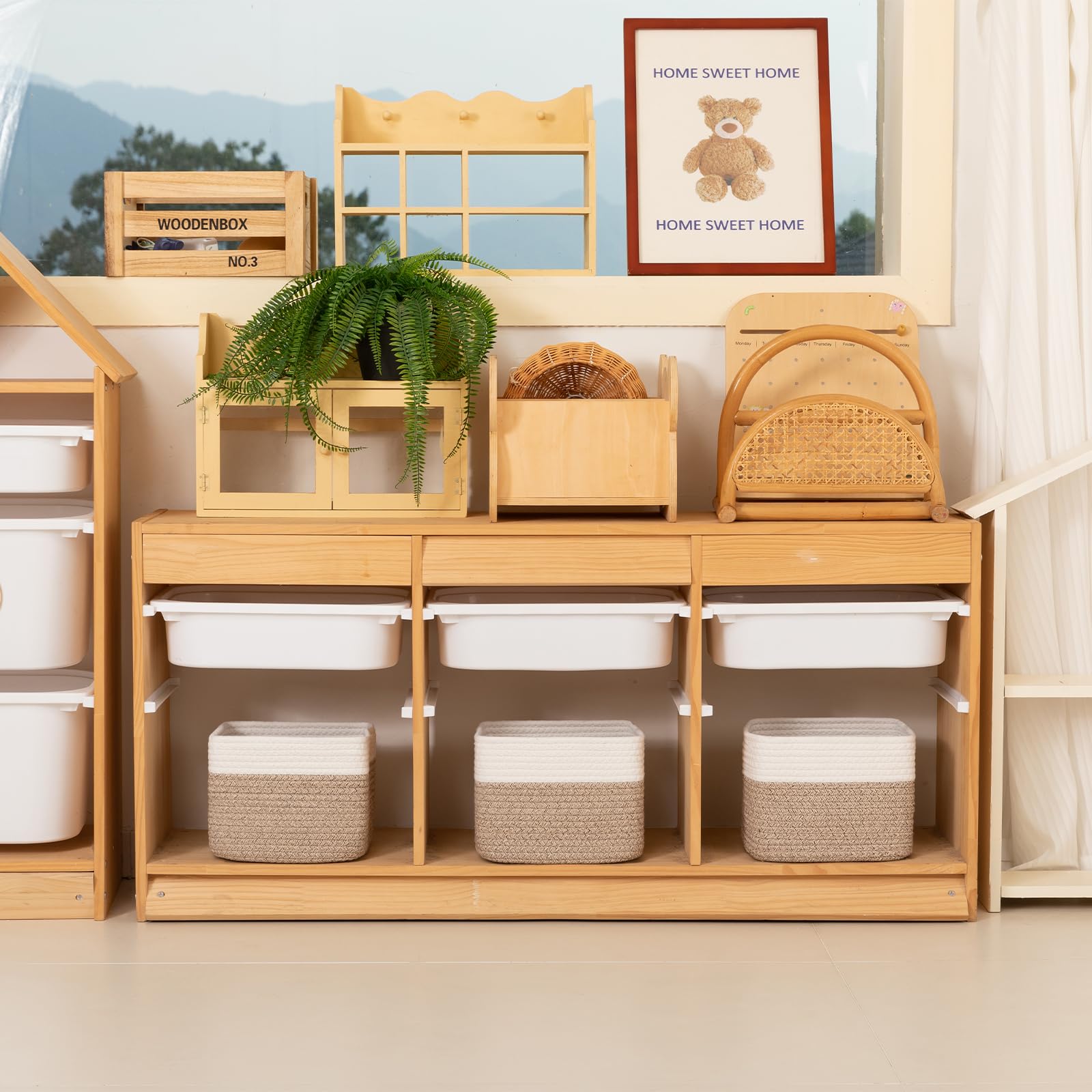 OIAHOMY cube bin neatly placed on a shelf within a cabinet.