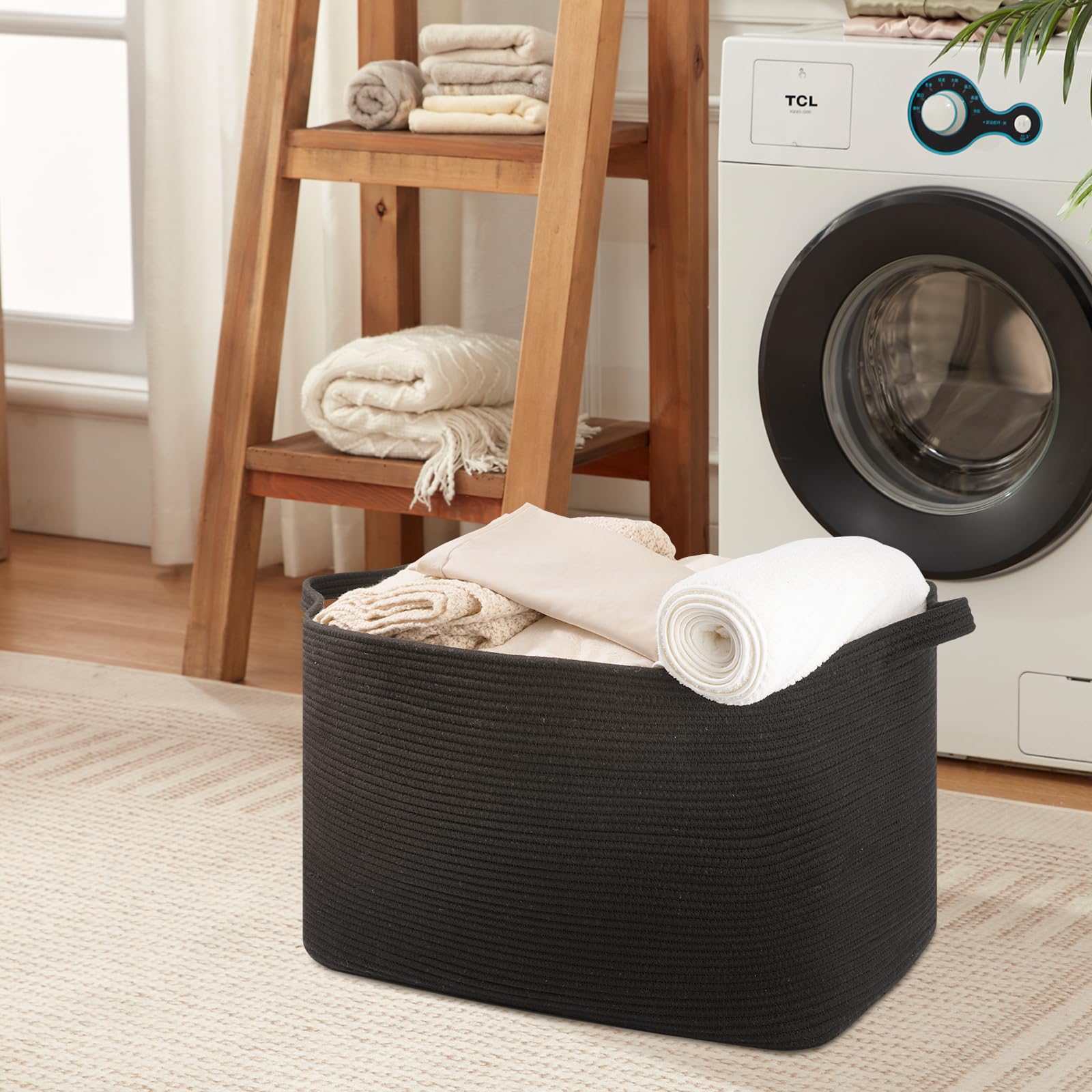 OIASKET 108L blanket basket in a living room complementing modern decor