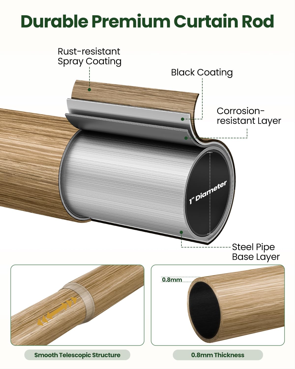 OICIPT boho wood curtain rod in a cozy bedroom with warm drapes