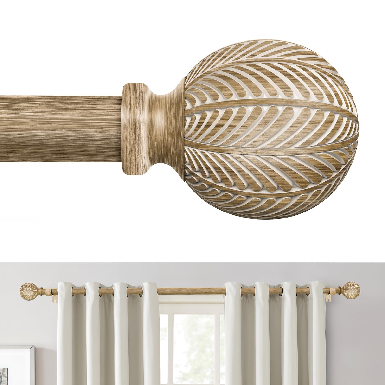 OICIPT boho wood curtain rod with leaf finial close-up showing rustic texture
