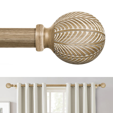 OICIPT boho wood curtain rod with leaf finial close-up showing rustic texture