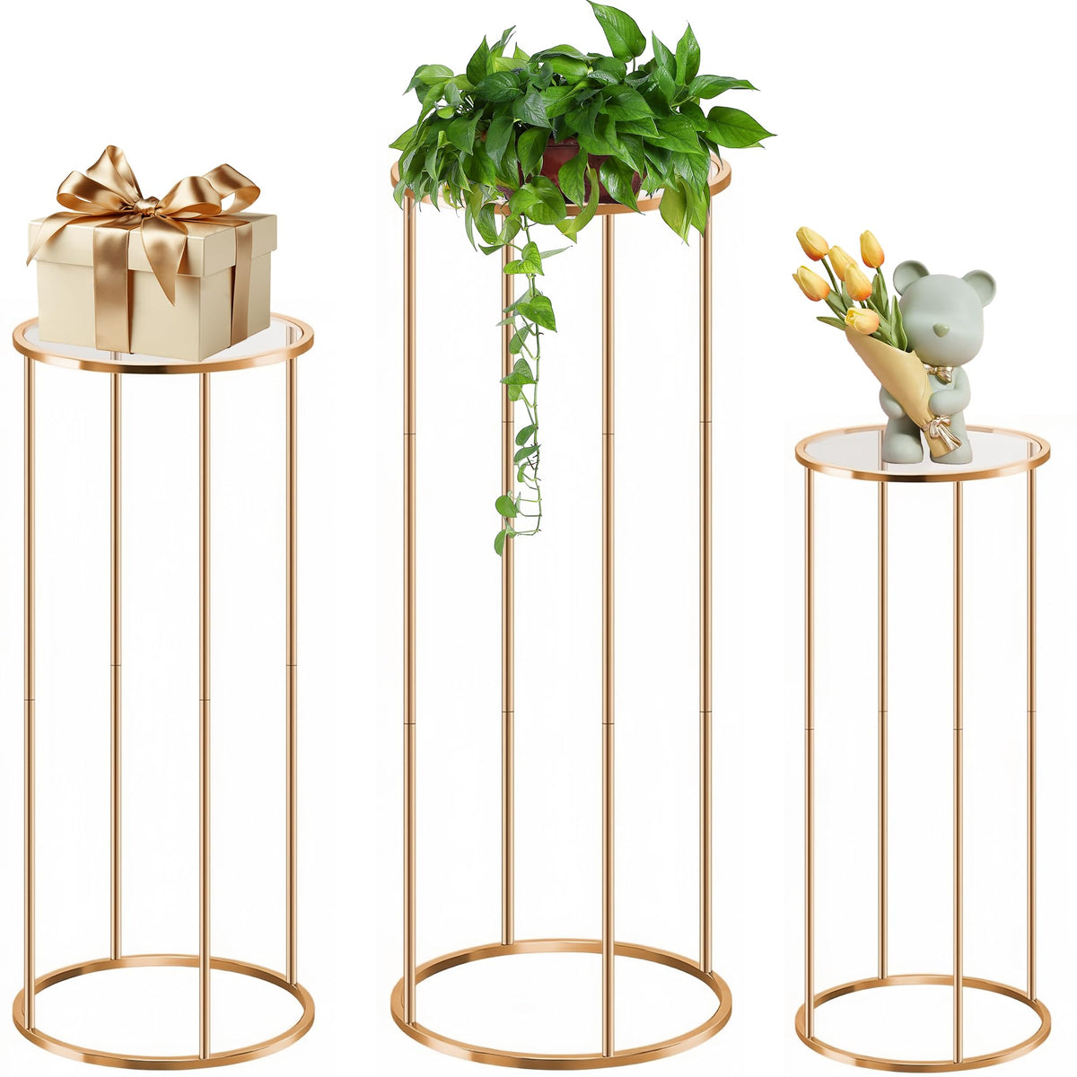 OIHYA cylinder pedestal in rose gold elevates party cake displays with elegance.
