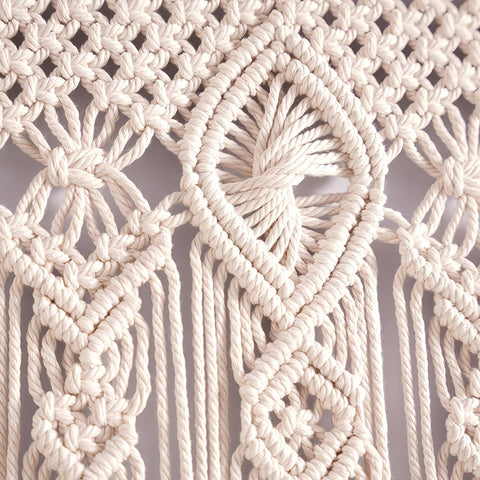 OIHYA macrame tapestry closeup shows intricate knotwork ideal for cozy interiors