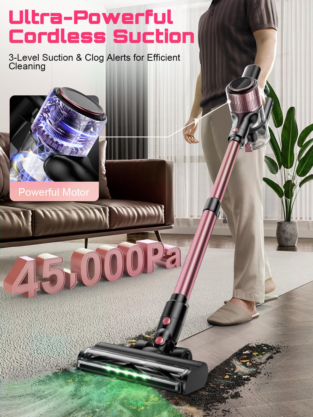 OIRFND vacuum shows three suction modes for different messes.