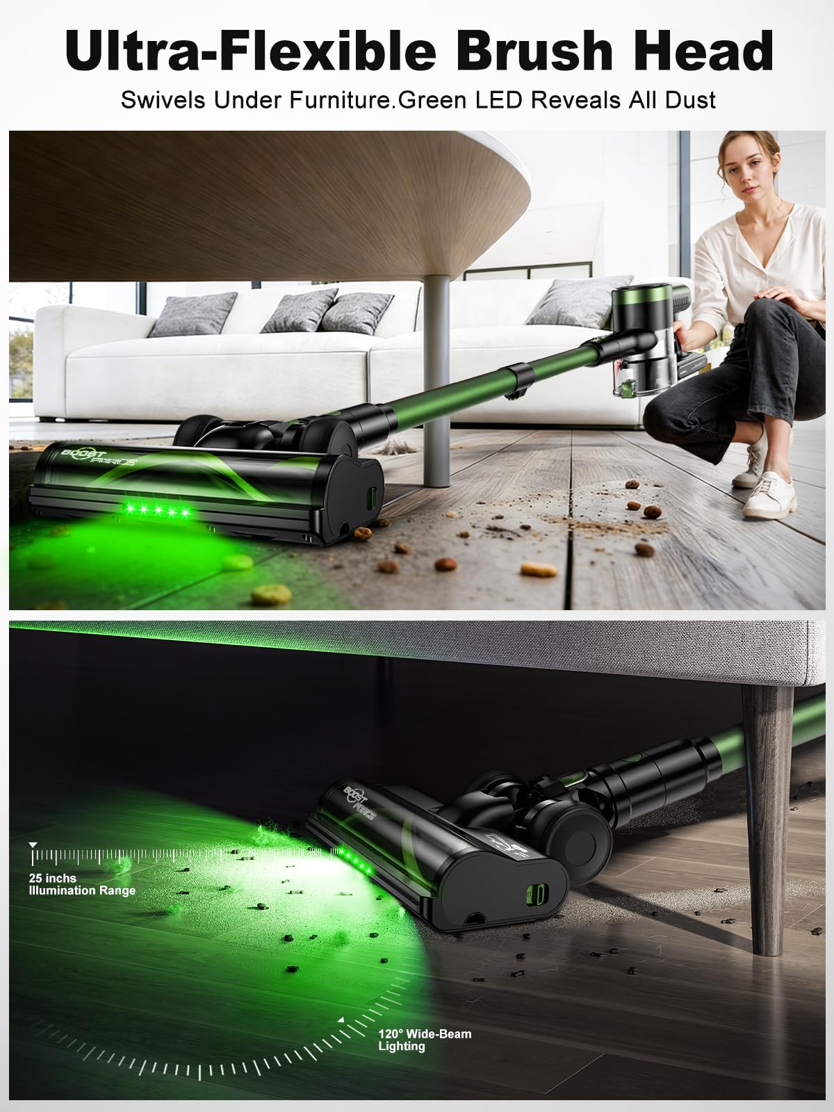 OIRFND cordless vacuum motorized brush head cleans carpets and upholstery