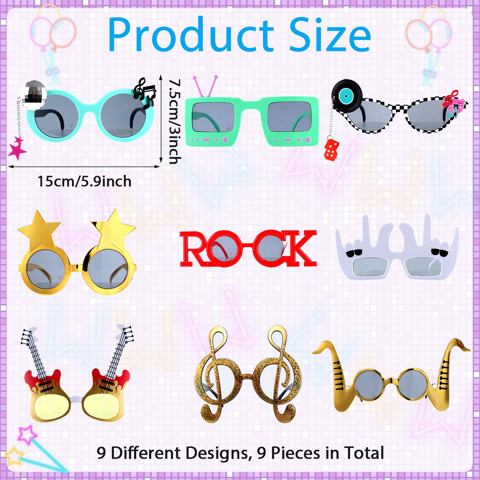 Oitnlaughter sunglasses featuring music notes, adds playful flair to 80s themes.