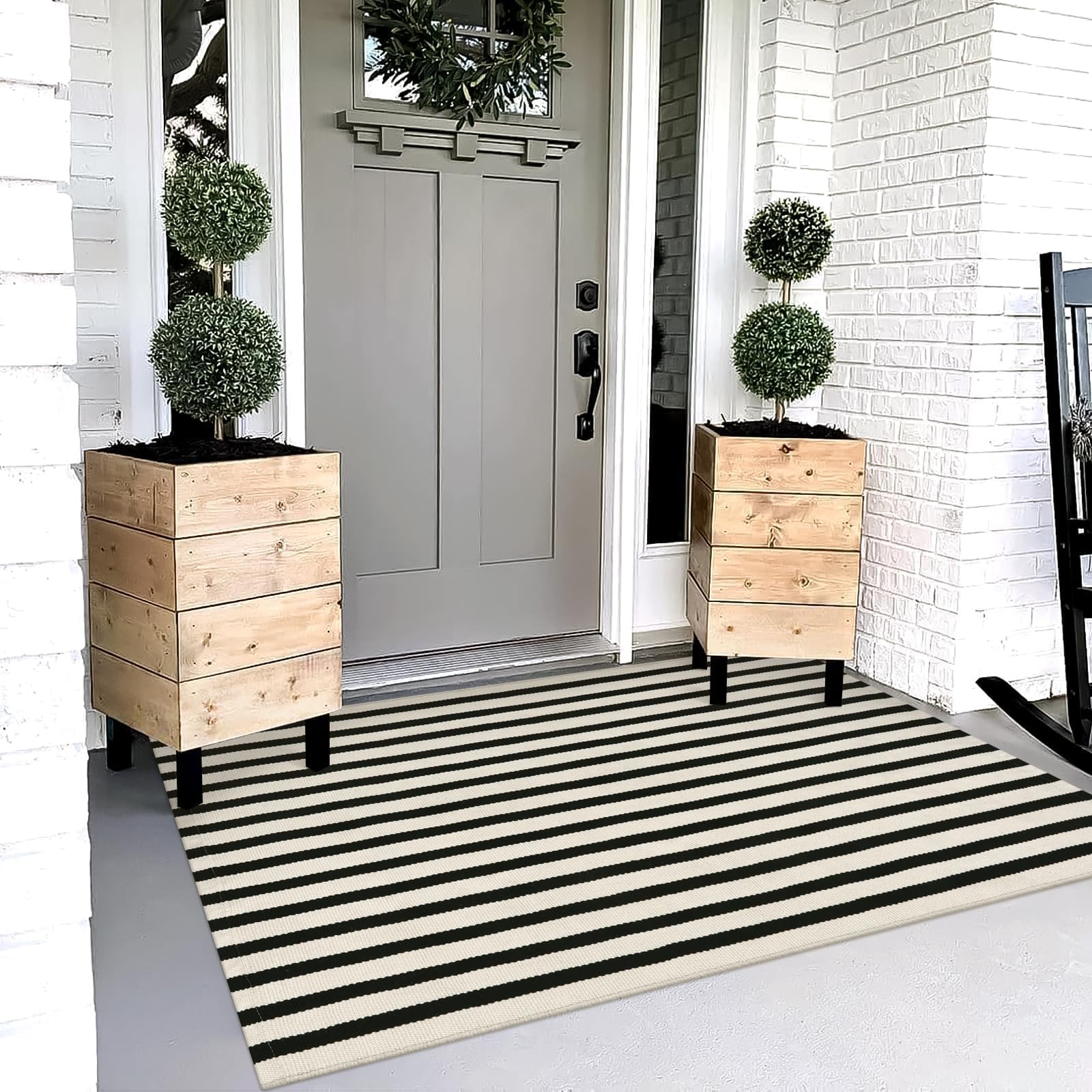OJIA outdoor rug 3x5 striped for front porch adds curb appeal and durability.