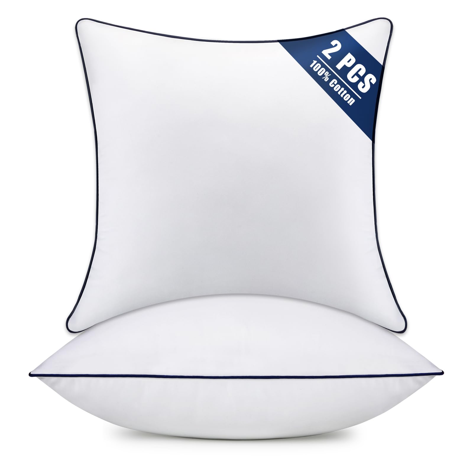 OKBA fluffy pillow inserts with navy edge add plush comfort to any sofa.