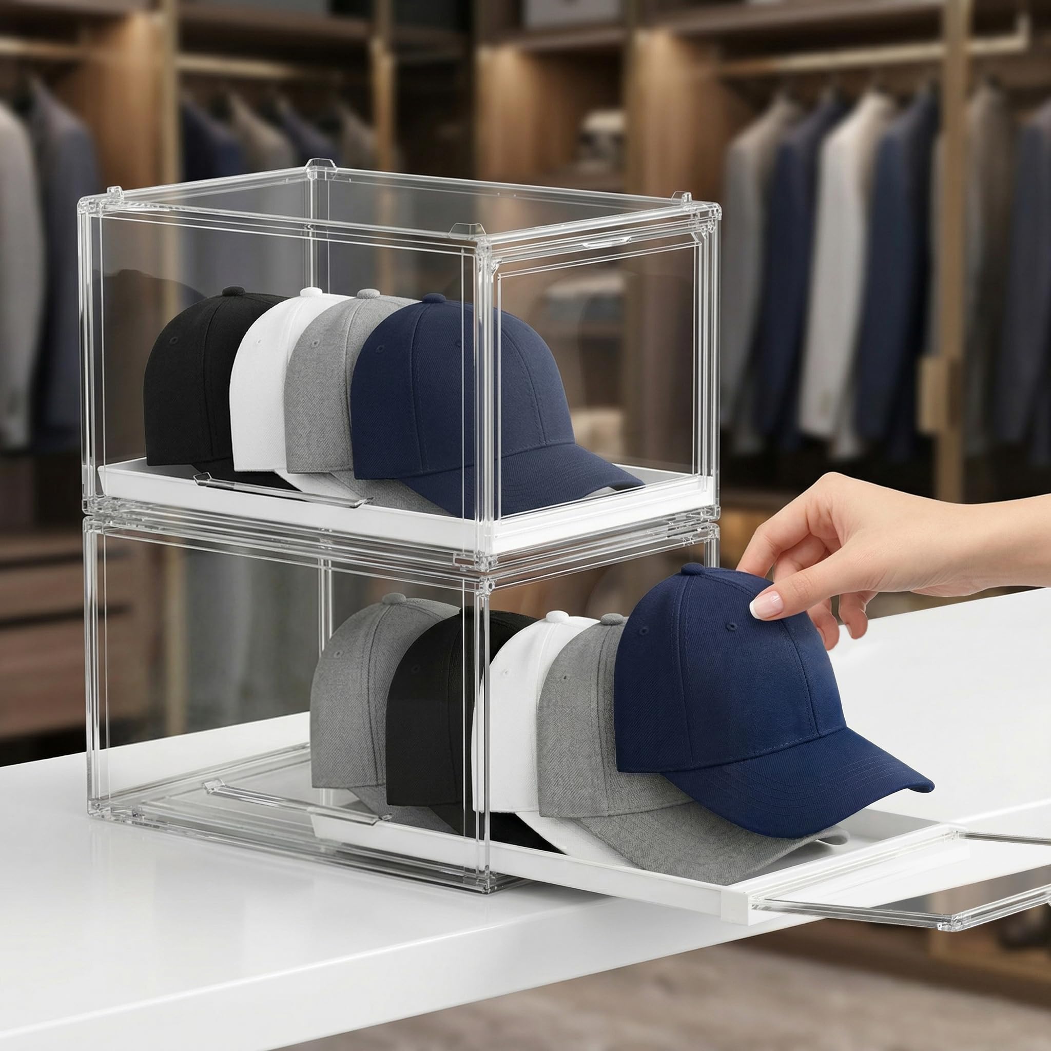 OKPOW hat organizer with slide-drawer for quick cap access
