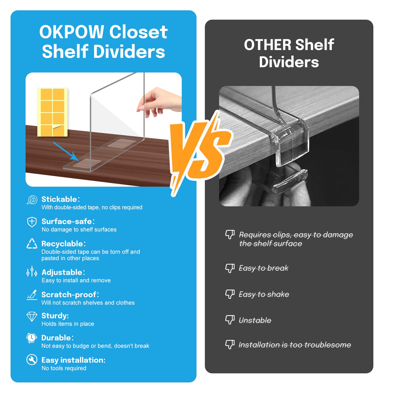 OKPOW shelf dividers 11.8in deep keep items neatly separated on a shelf.