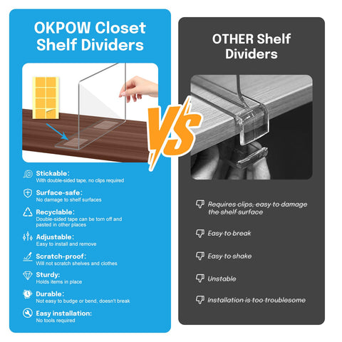 OKPOW shelf dividers 11.8in deep keep items neatly separated on a shelf.