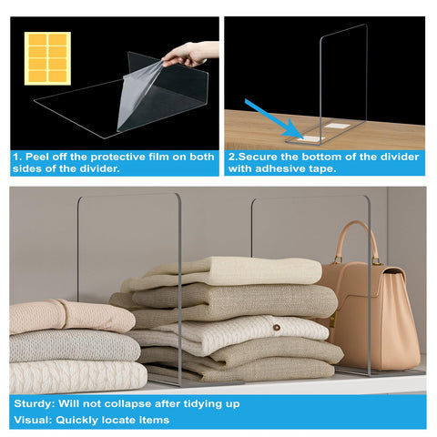 OKPOW crystal-clear visibility dividers showcase contents clearly on a shelf.