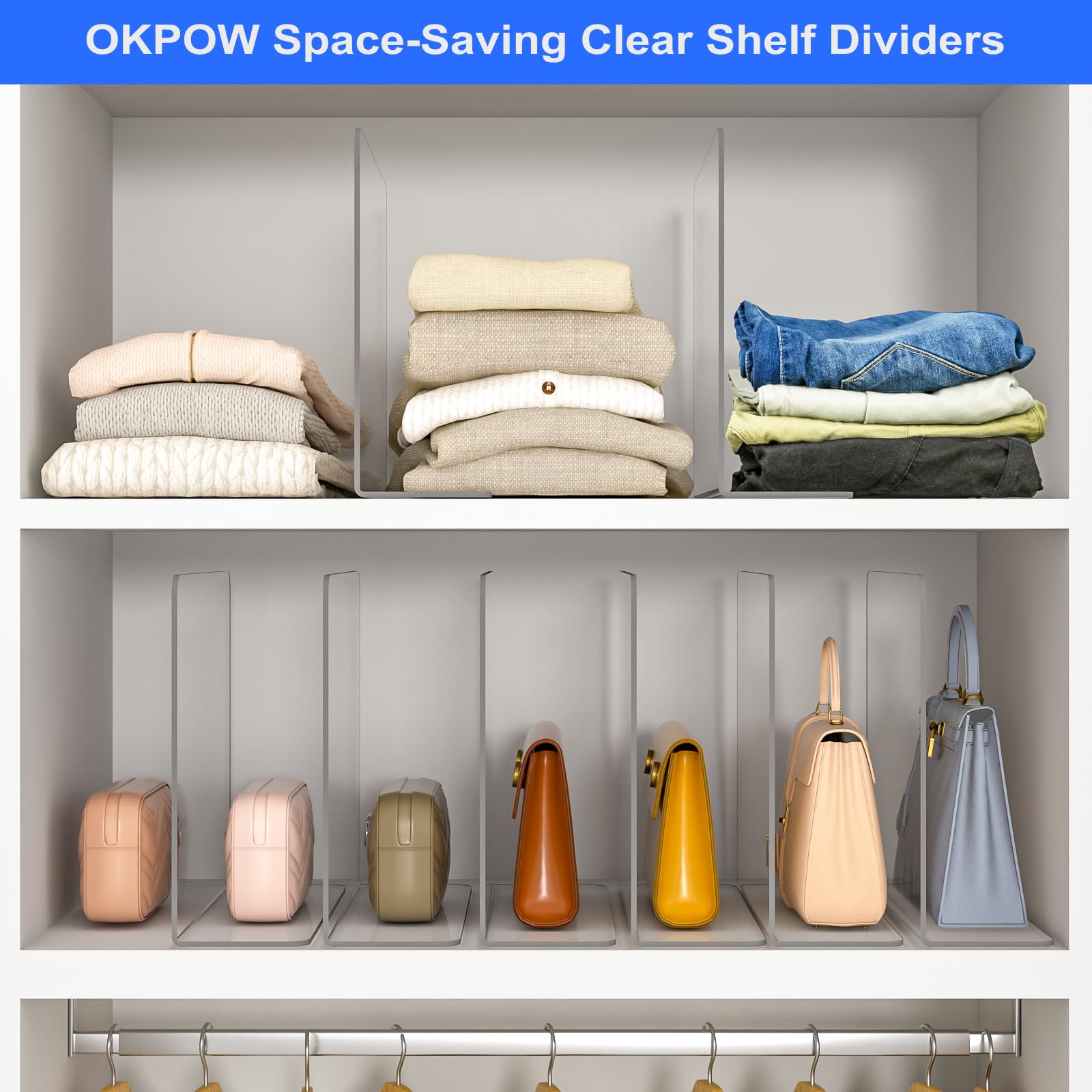 OKPOW easy-peel-stick dividers installed on a shelf for quick, damage-free setup.