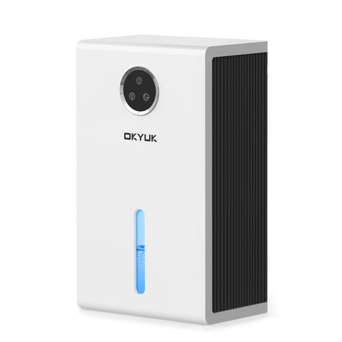 OKYUK dehumidifier shows large 95 oz water tank for efficient moisture removal