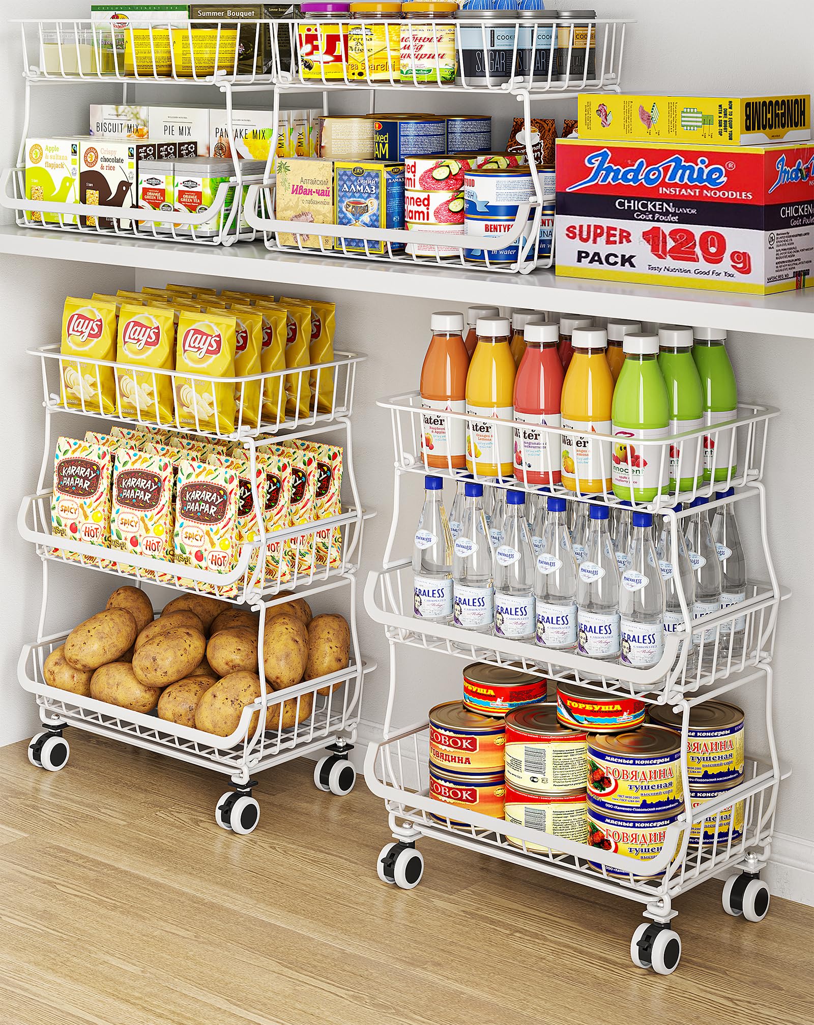 OKZEST 3-Tier Pantry Cart front view shows spacious baskets for organized storage.