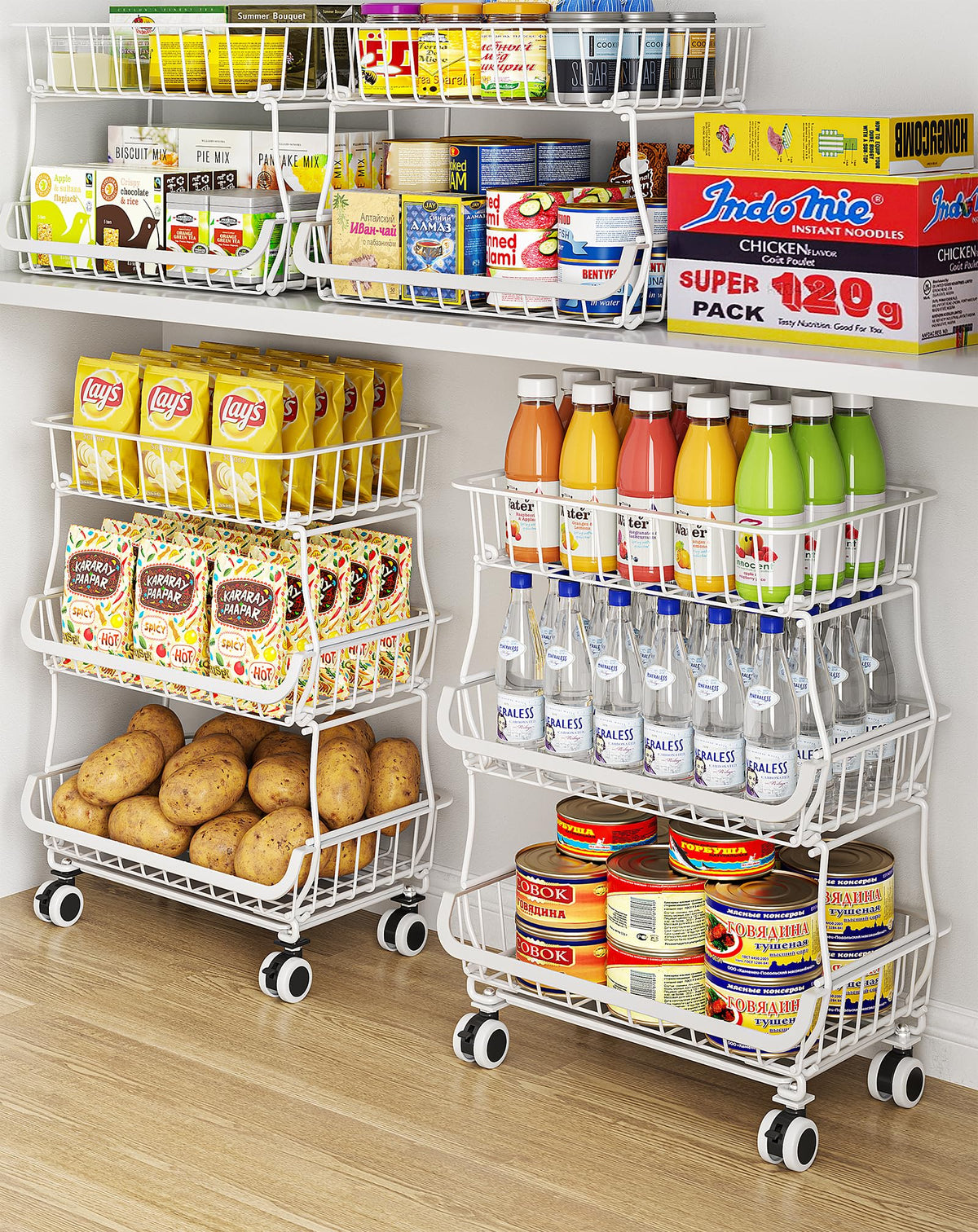 OKZEST 3-Tier Pantry Cart front view shows spacious baskets for organized storage.