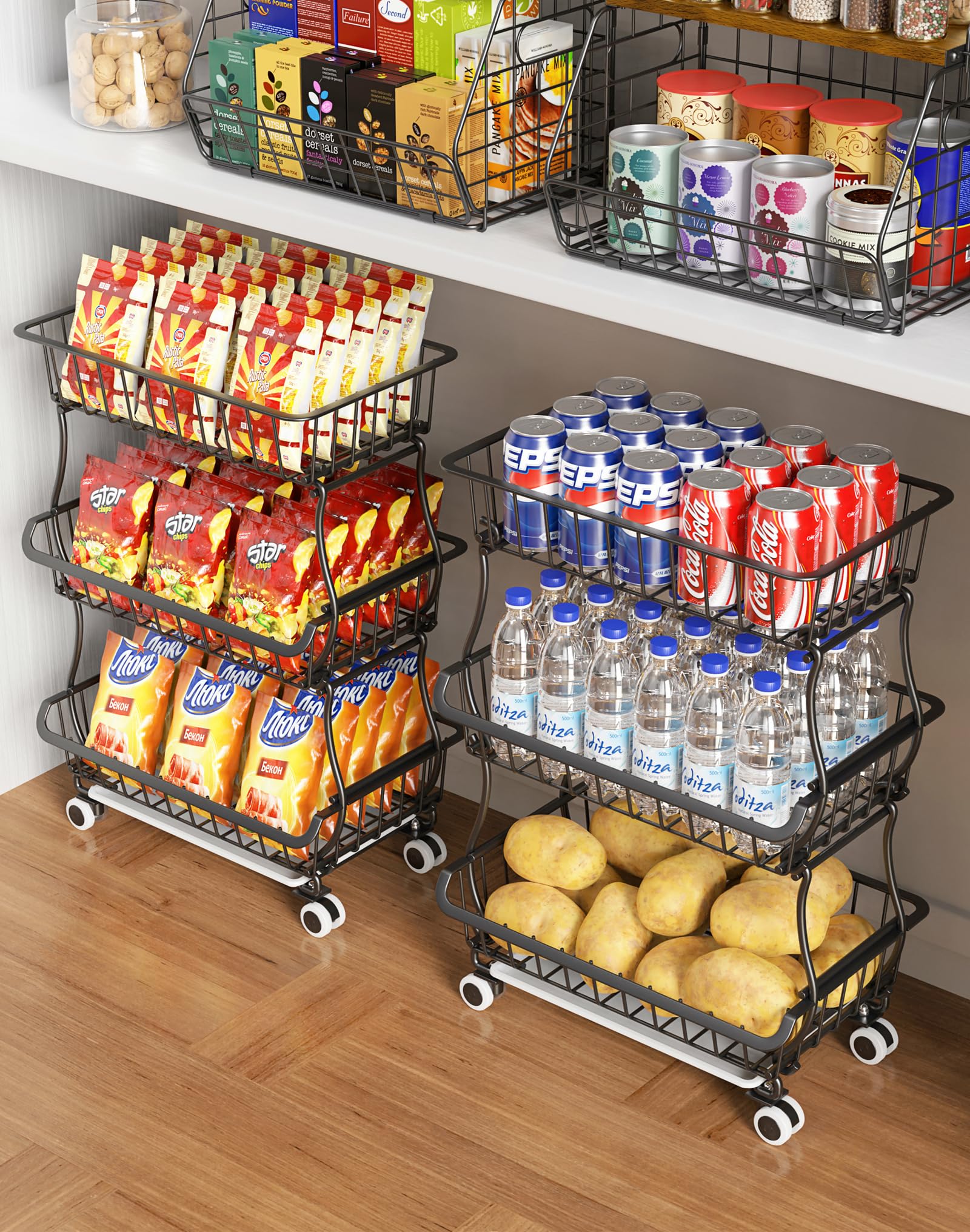 OKZEST 3-Tier rolling pantry cart with wheels for easy access.