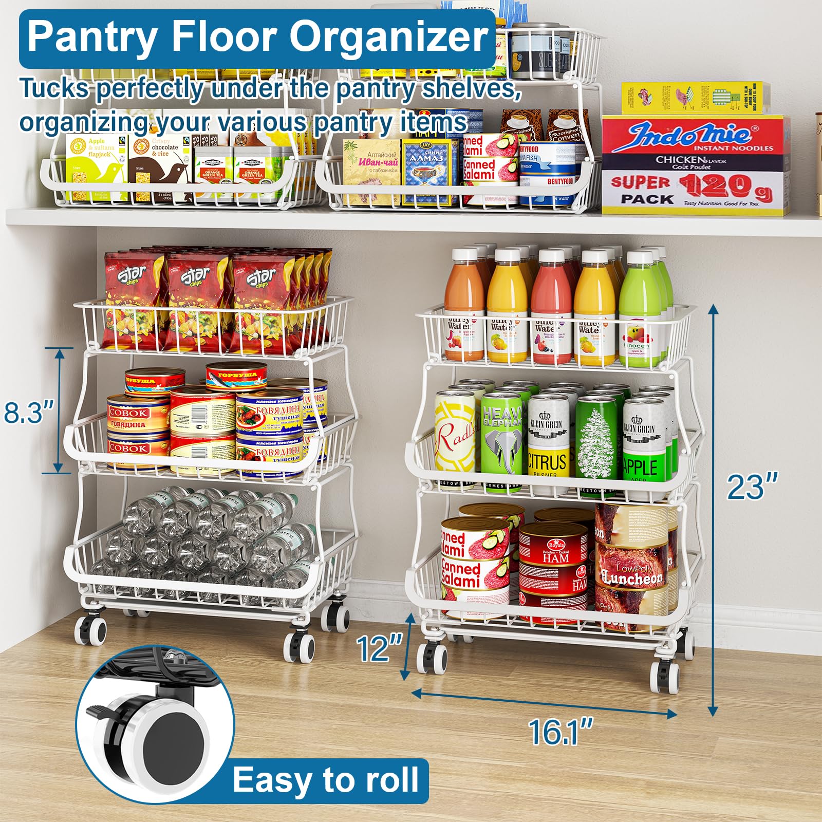 OKZEST rolling pantry cart side view demonstrates easy mobility and under shelf fit.