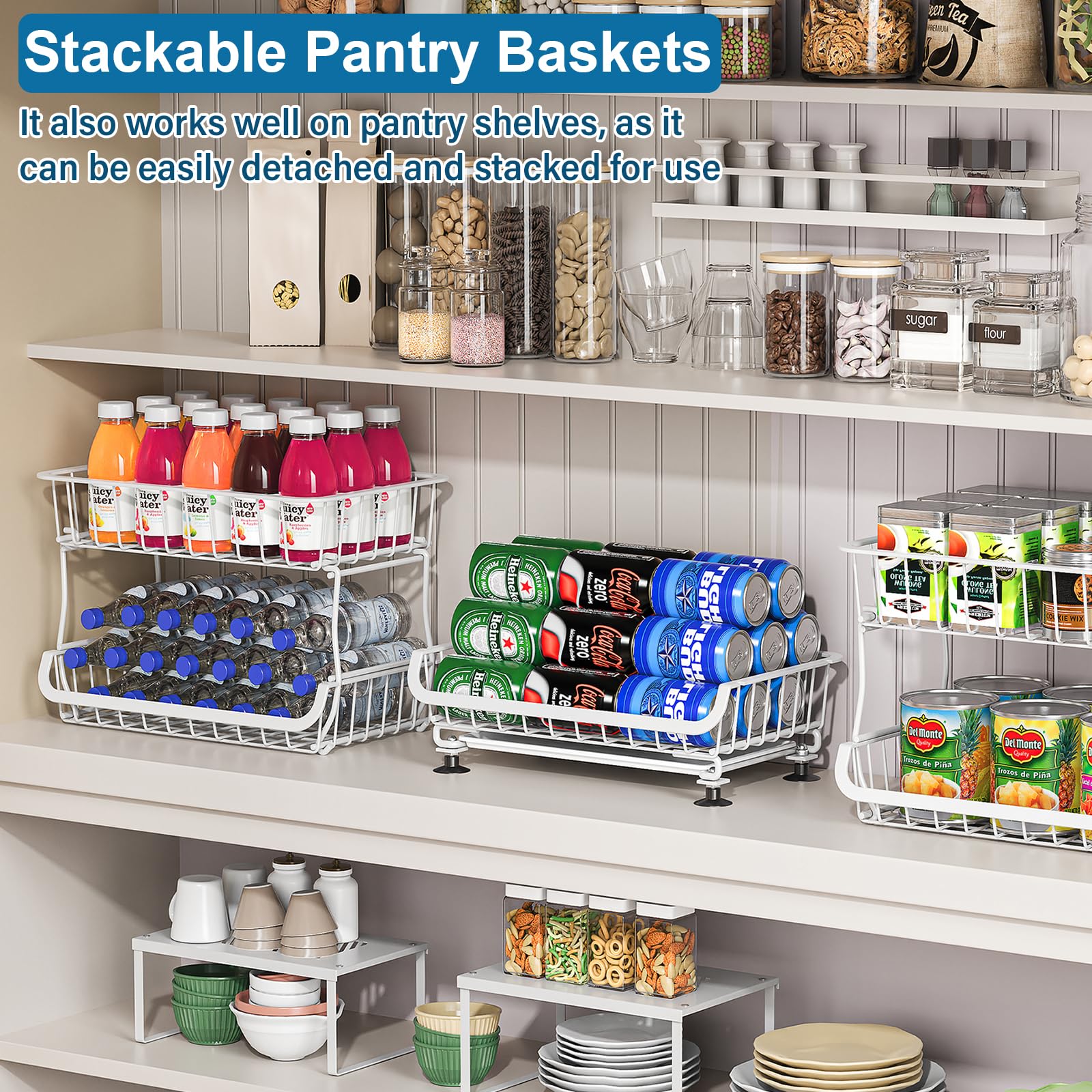 OKZEST stackable pantry baskets help group items for quick access.