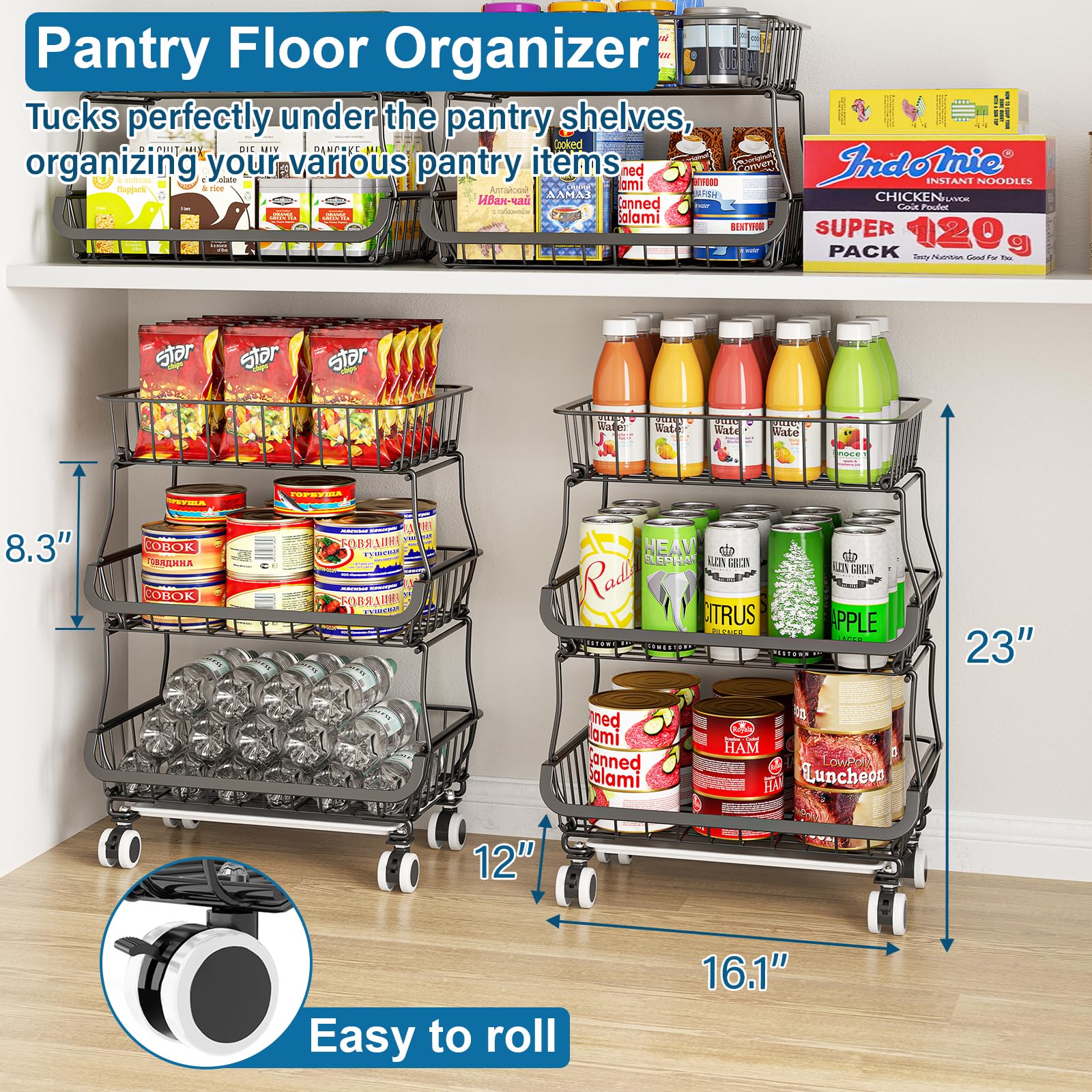 OKZEST stackable wire baskets neatly organize cans and snacks.