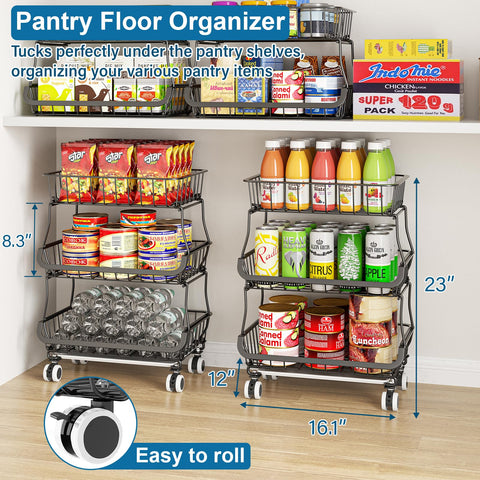 OKZEST stackable wire baskets neatly organize cans and snacks.