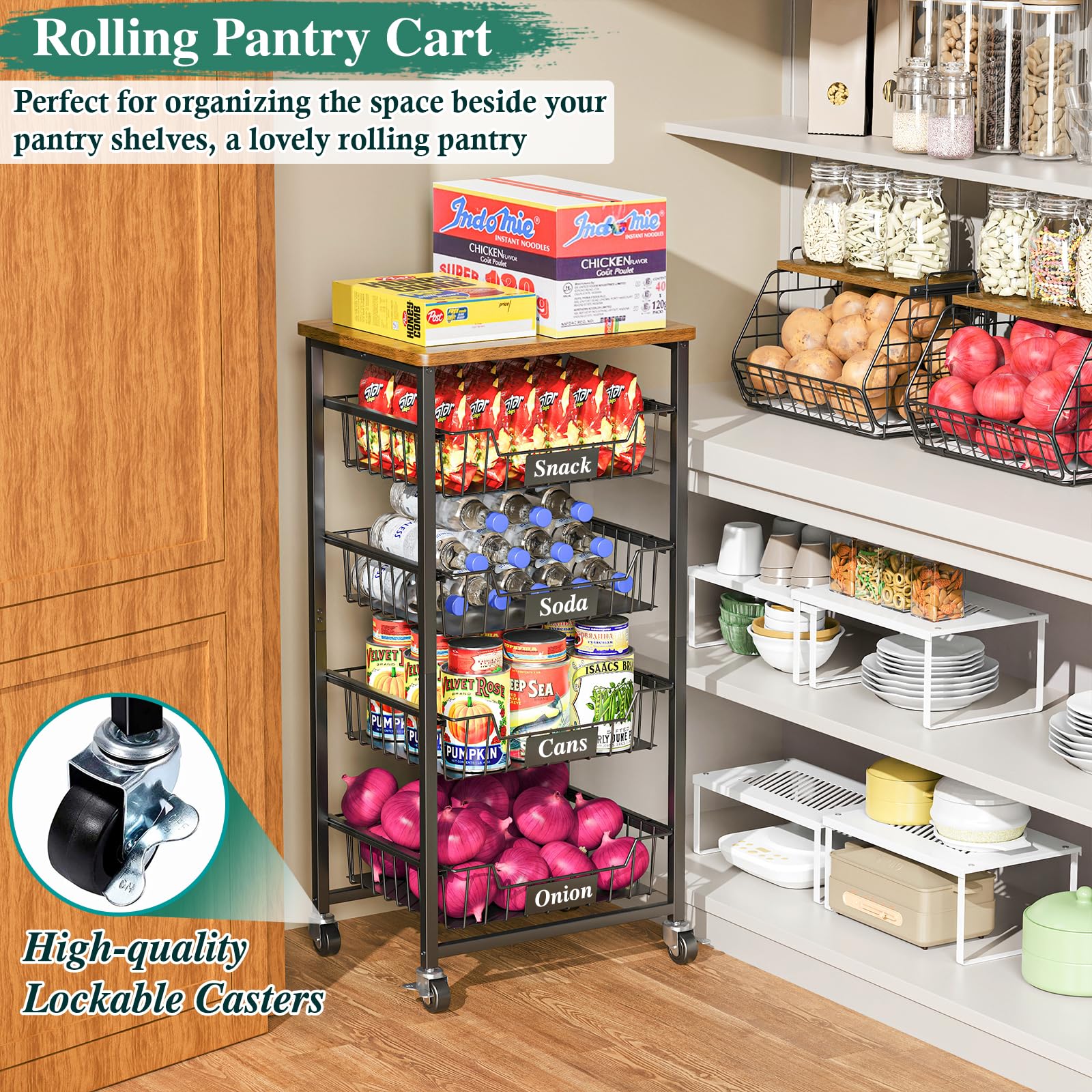 OKZEST wood-top kitchen cart combines durability with sturdy workspace.