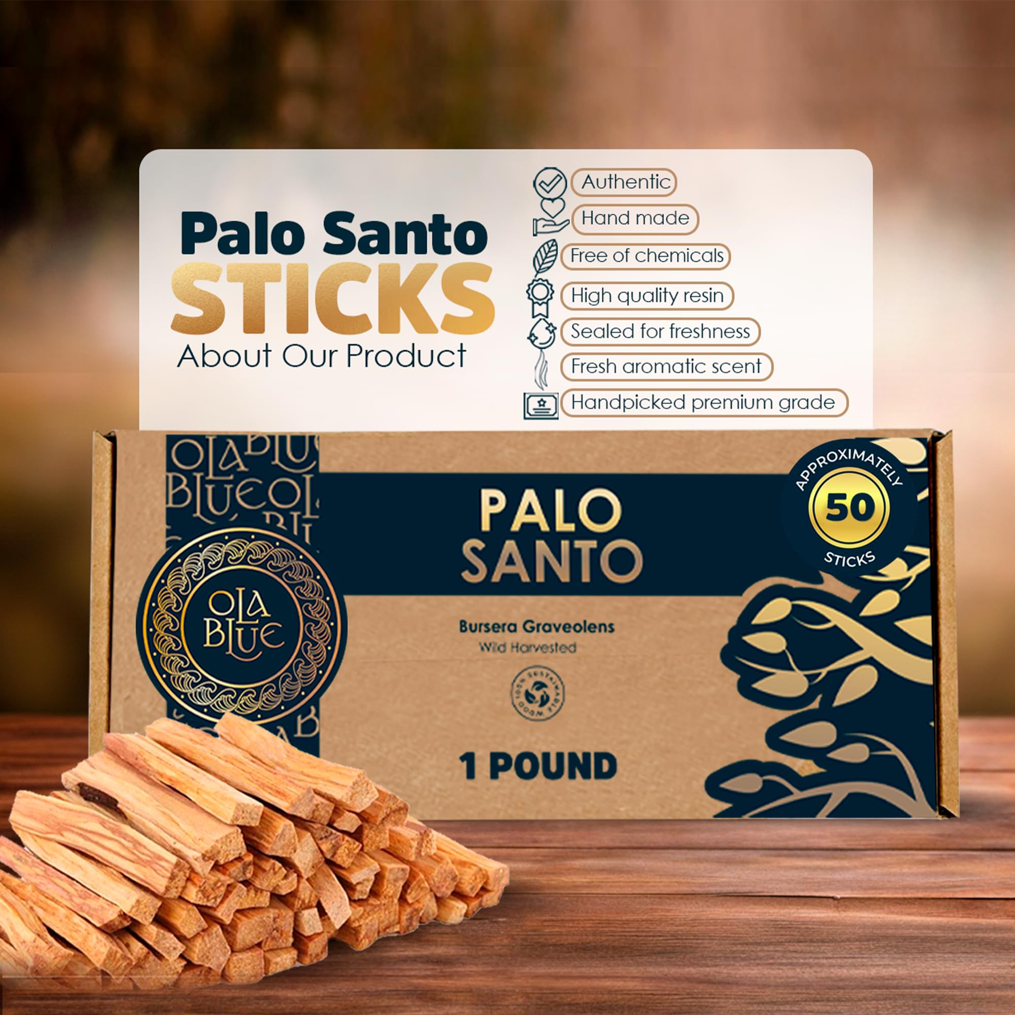 OLA BLUE Palo Santo bulk packaging label shows SERFOR certification