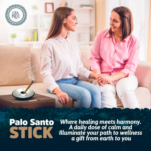 OLA BLUE Palo Santo bulk stick being lit for ritual ambiance