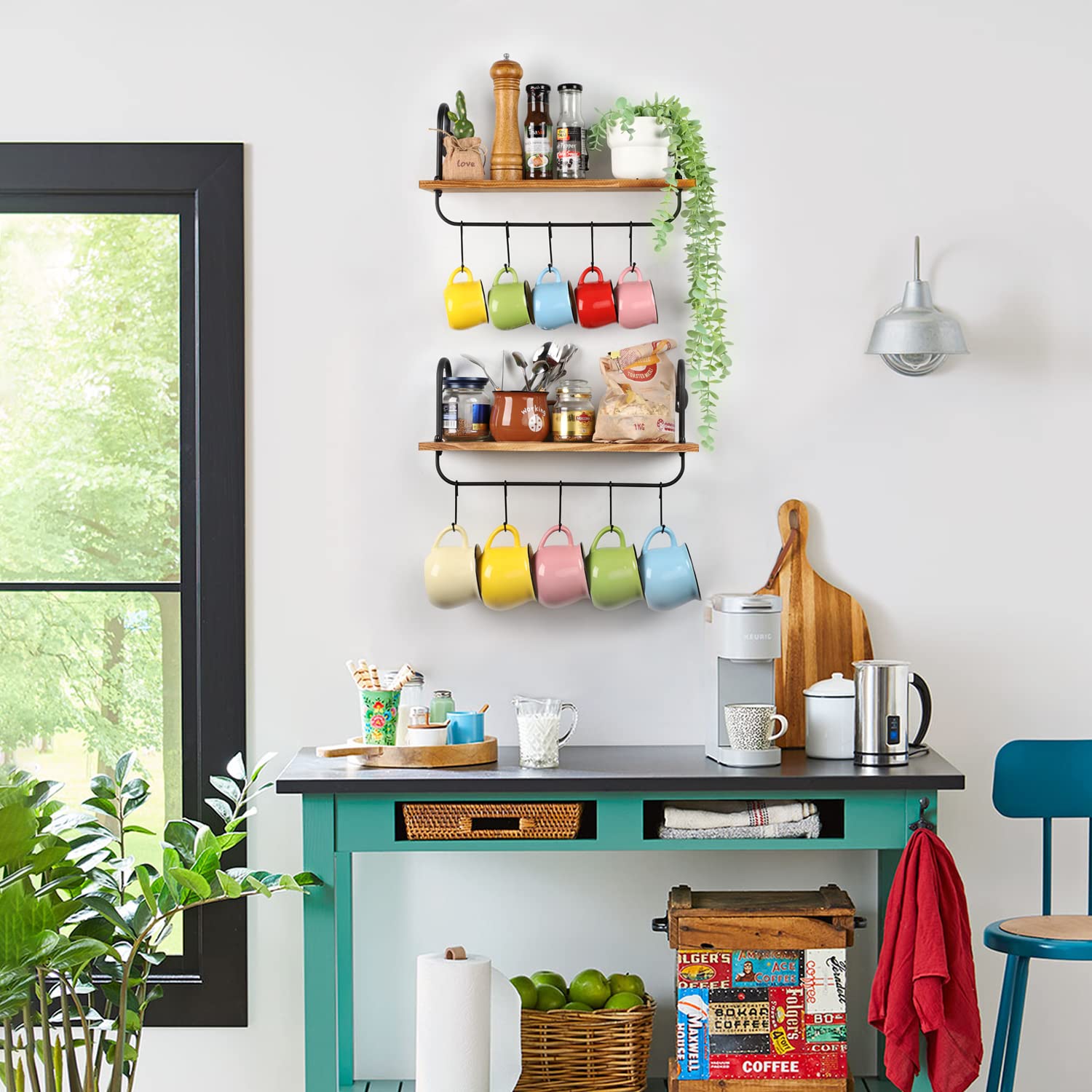 Olakee rustic shelves with matte brackets complement mugs and jars neatly