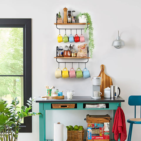 Olakee rustic shelves with matte brackets complement mugs and jars neatly
