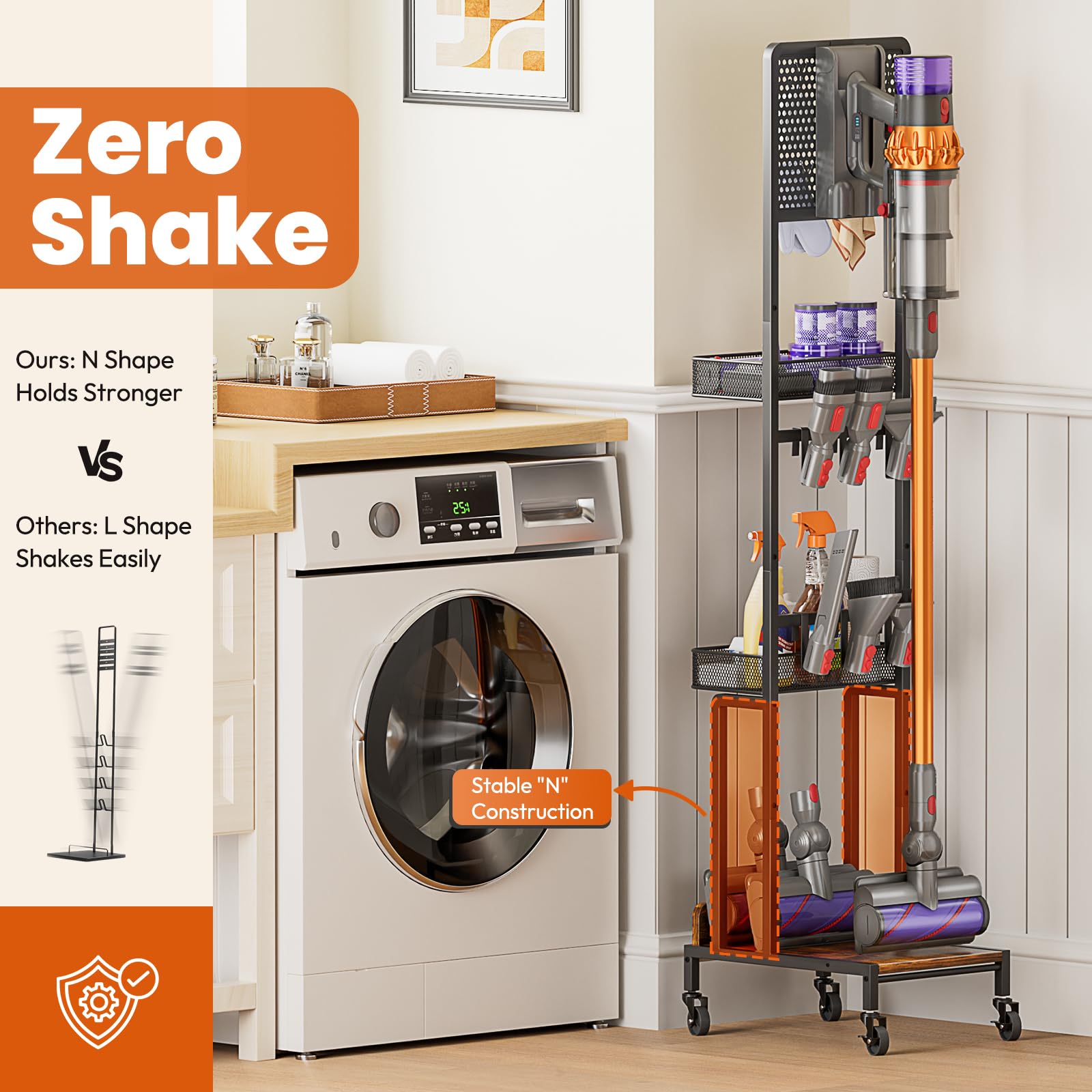 Olakee vacuum stand displaying Dyson V12 compatibility and reachability