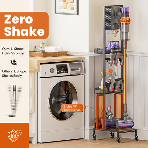 Olakee vacuum stand displaying Dyson V12 compatibility and reachability