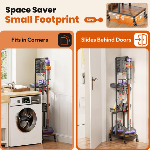 Olakee vacuum stand front view highlighting compact footprint for corners