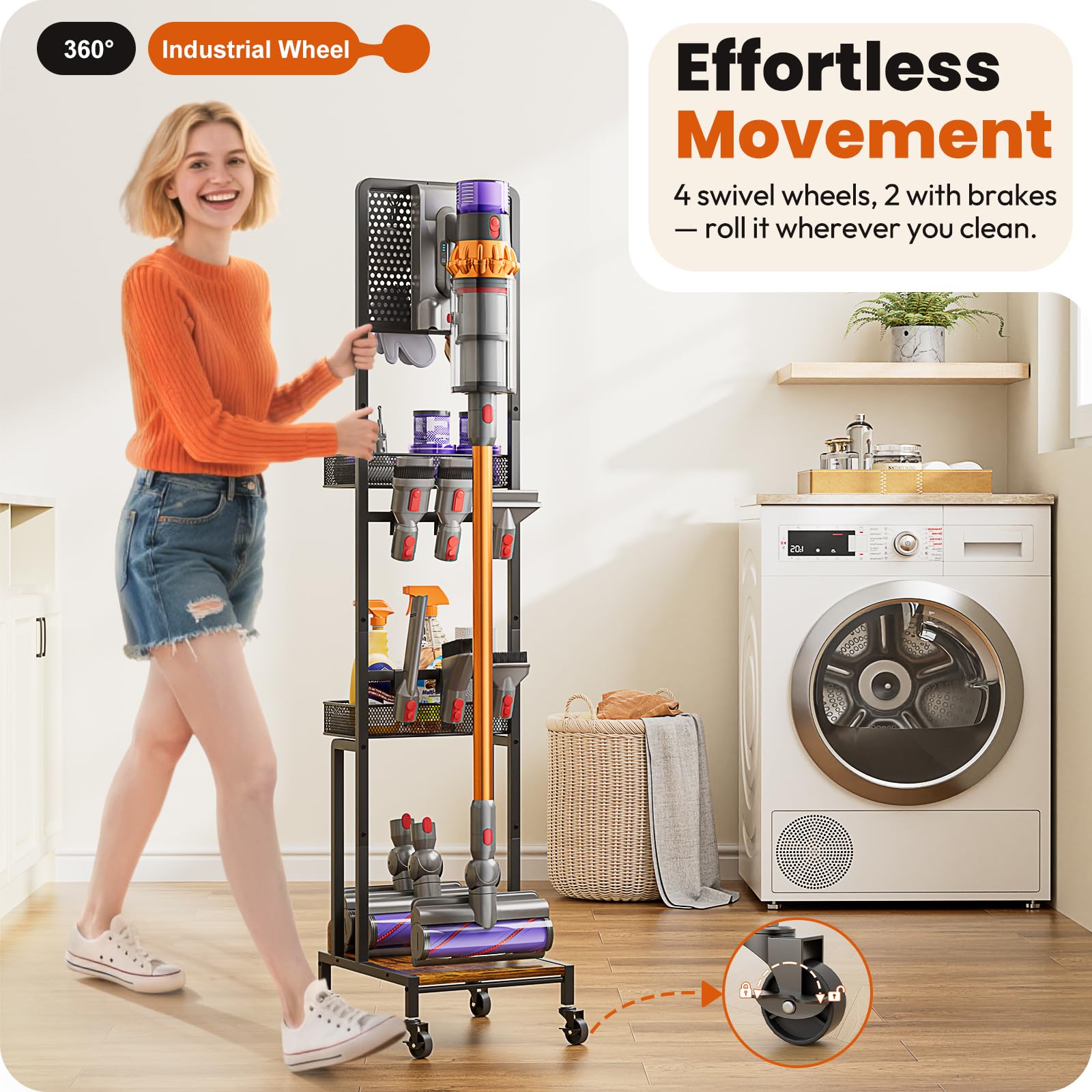 Olakee vacuum stand with attachments illustrates organized vacuum system