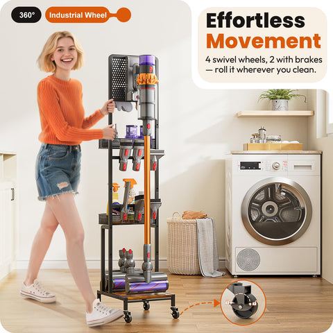 Olakee vacuum stand with attachments illustrates organized vacuum system