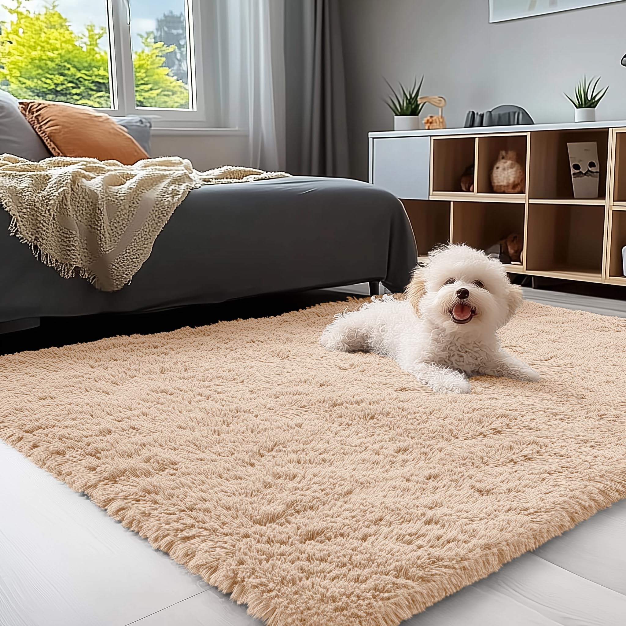 OLANLY 3x5 bedside rug beige with plush pile for cozy mornings by the bed