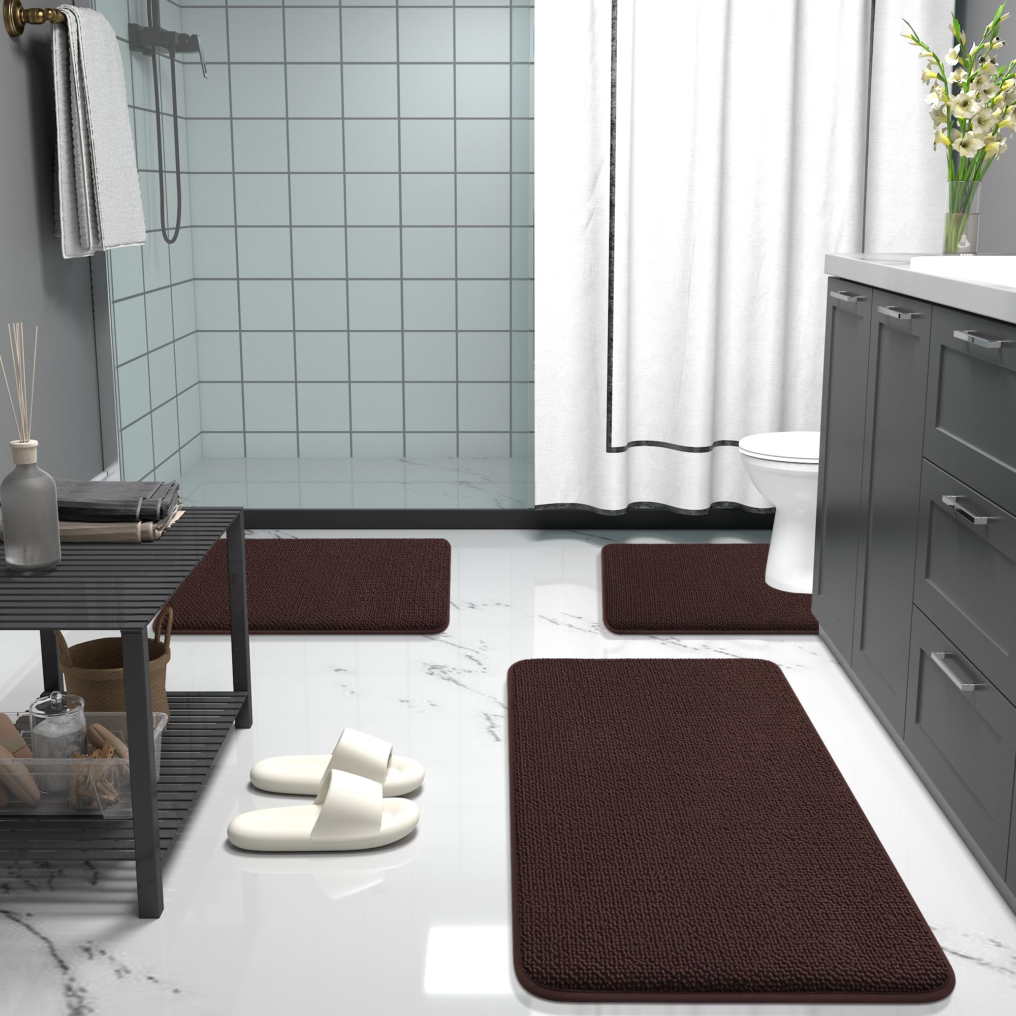 OLANLY thick memory foam mat by bathtub with stable backing
